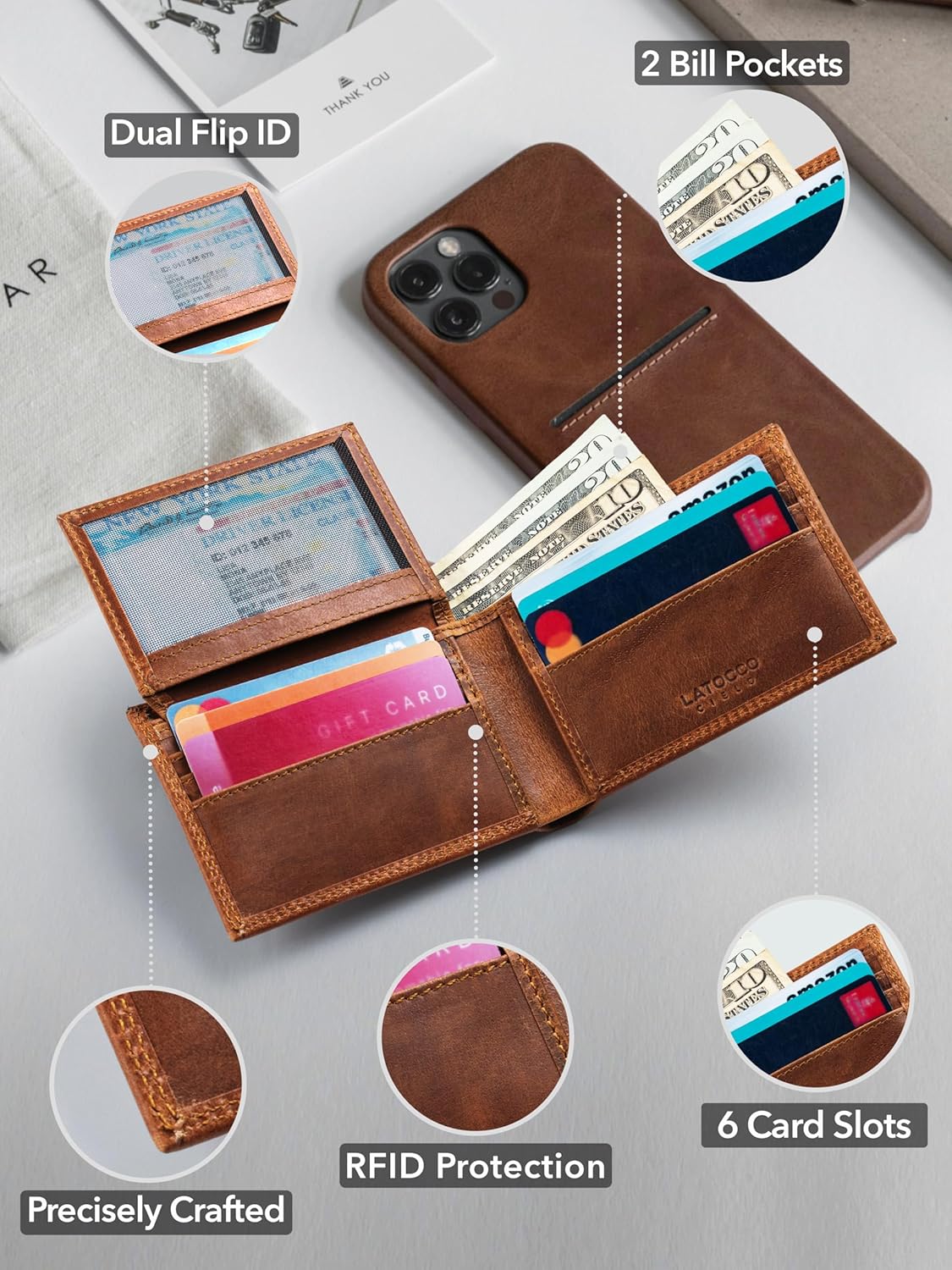 Latocco Cielo Series Vintage Brown Leather Wallet with RFID Protection